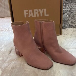 Pink Heeled Boots with Square Toe and Side Zipper